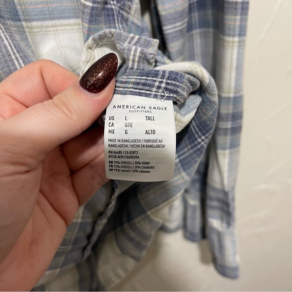 American Eagle “Super Soft” blue plaid hemp blend button-up shirt (large tall) - Picture 4 of 4